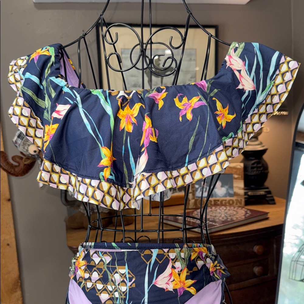 Trina Turk Navy Floral Off-Shoulder Bikini with Lilac Lining - Picture 3 of 8